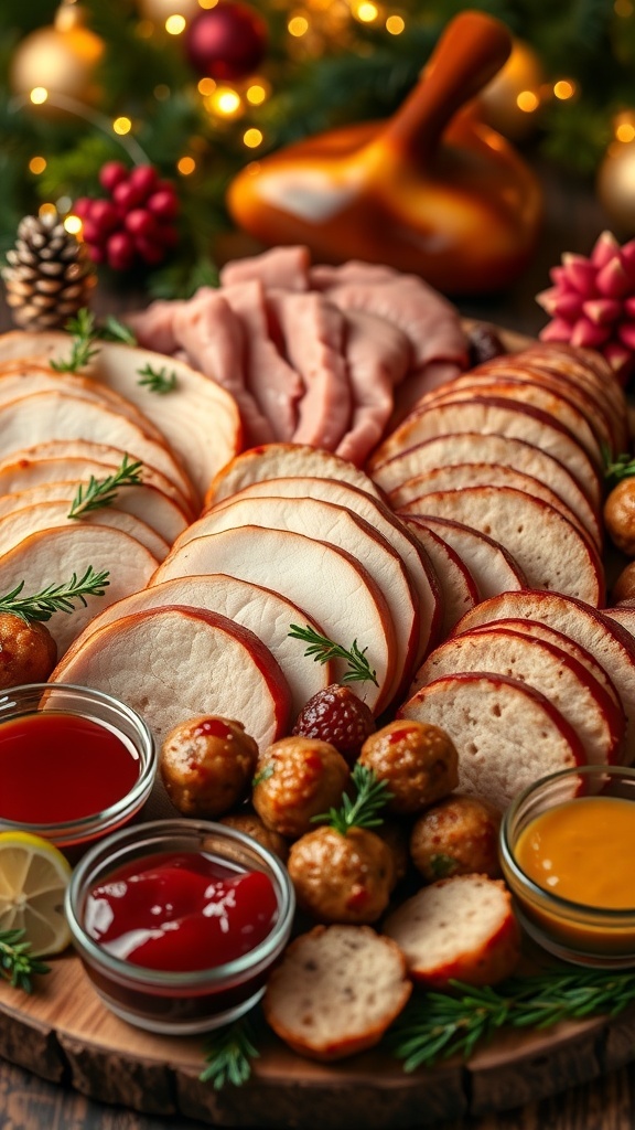A festive meat platter with turkey, ham, and meatballs, garnished with herbs and served with dips.